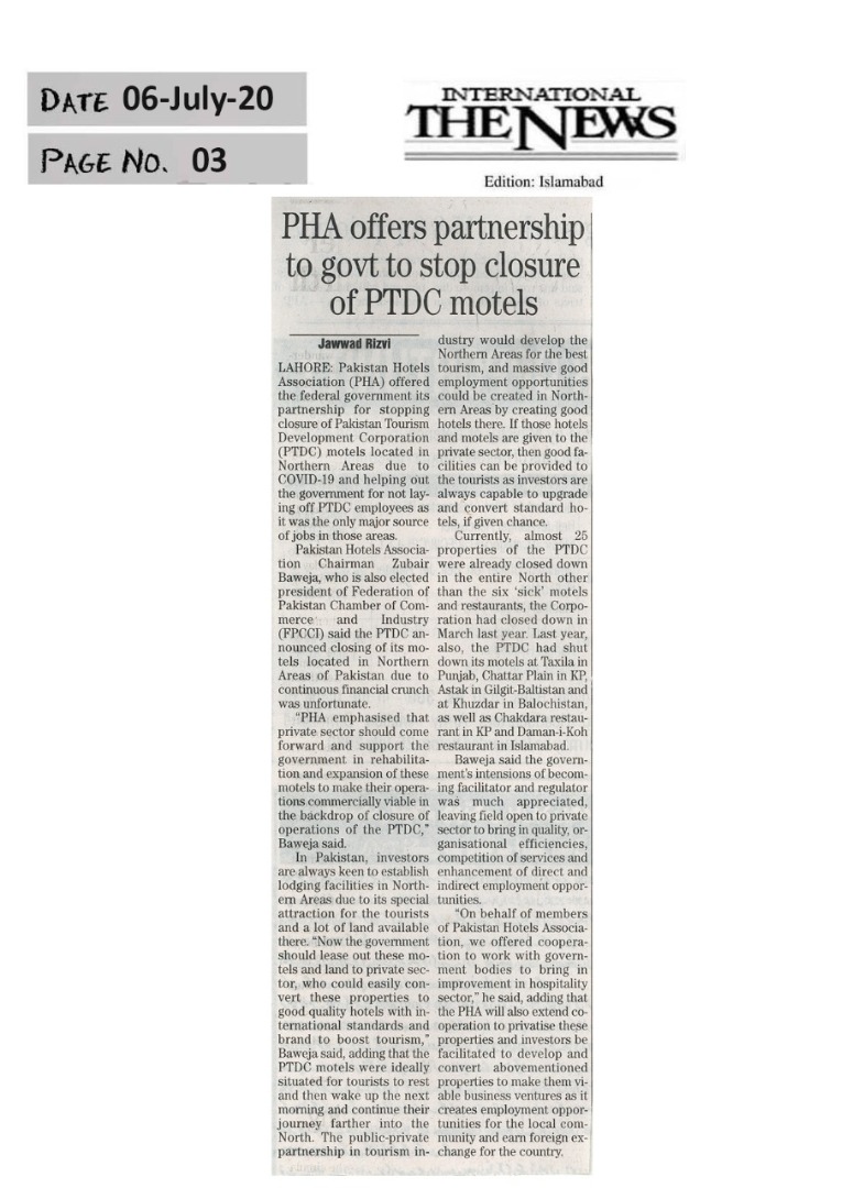 PHA Press Release on Governemnt/PTDC close down operations of Motels in North area of Pakistan